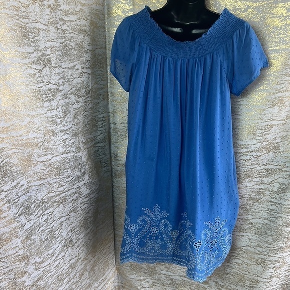 En Creme Blue Embroidered Off The Shoulder Mini Dress Size L - Picture 8 of 15